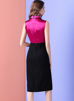 Color-blocked Splicing Lapel Sleeveless Bodycon Dress