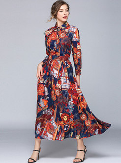 Vintage Print Turn-down Collar Big Hem Maxi Dress