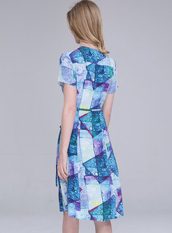 Tied Print Color-blocked Slim A Line Dress