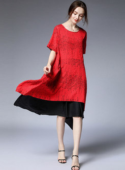 Color-blocked Splicing O-neck Asymmetric Loose Dress