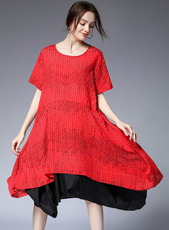 Color-blocked Splicing O-neck Asymmetric Loose Dress