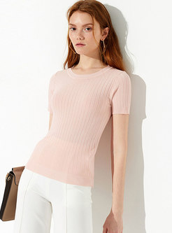 Solid Color O-neck Short Sleeve Knitted Top