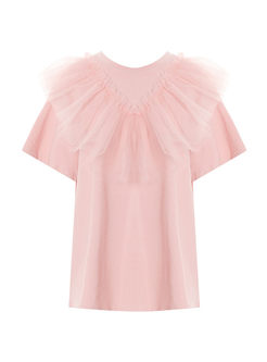 Chic Sweet Pink O-neck Mesh Splicing T-shirt