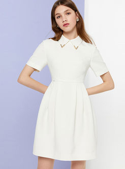 Casual Solid Color Lapel Short Sleeve Skater Dress