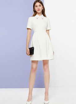 Casual Solid Color Lapel Short Sleeve Skater Dress