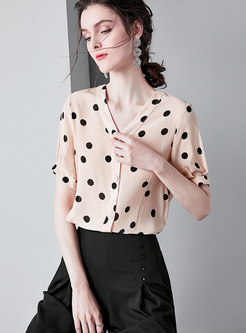 Brief Polka Dot V-neck Single-breasted Blouse