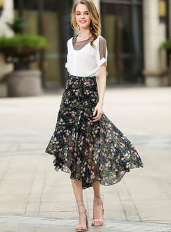 Stylish Floral High Waist Asymmetric Skirt