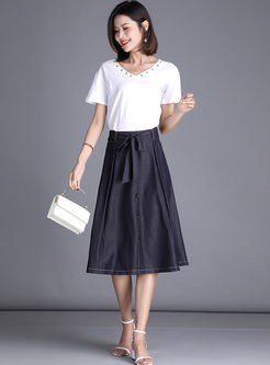 Casual Solid Color High Waist A Line Skirt