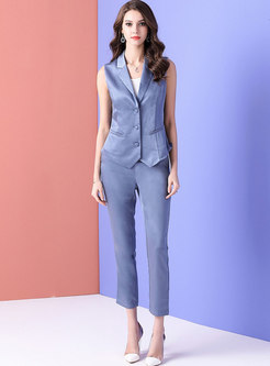 Work Sleeveless Vest & Pure Color Straight Pants