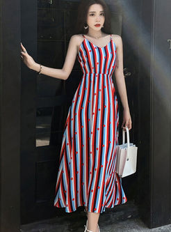 V-neck Color-blocked Striped A Line Midi Dress