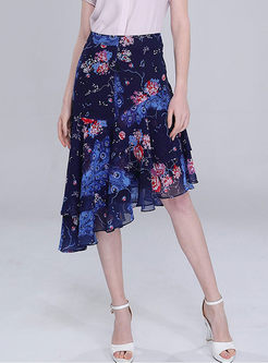 Stylish High Waist Print Chiffon Irregular Skirt