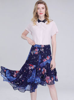 Stylish High Waist Print Chiffon Irregular Skirt