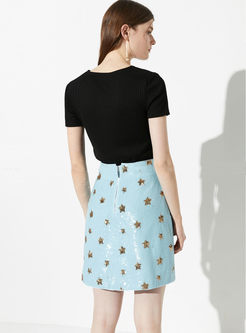 High Waist Star Print Slim Mini Skirt
