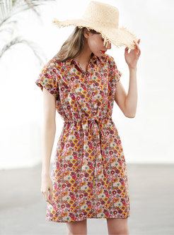 Lapel Color-blocked Print Single-breasted Tied Dress