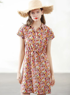 Lapel Color-blocked Print Single-breasted Tied Dress