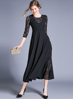 Chic Lace Splicing Hollow Out Slim Maxi Dress