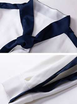 Color Block Tie-collar Slit Palazzo Pant Suits
