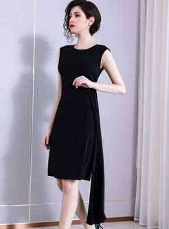 Elegant O-neck Sleeveless Asymmetric Midi Dress