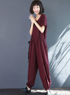 Casual O-neck Short Sleeve Waist Loose Jumpsuits