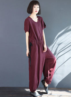 Casual O-neck Short Sleeve Waist Loose Jumpsuits