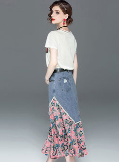 Fashion O-neck Pullover T-shirt & Denim Splicing Print Skirt