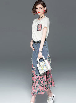 Fashion O-neck Pullover T-shirt & Denim Splicing Print Skirt
