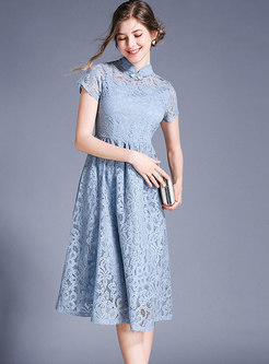 Mandarin Collar Short Sleeve Lace Skater Dress