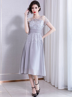 Mesh Splicing Embroidered Slim Party Dress