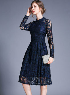 Standing Collar Solid Color Hollow Out Lace Dress