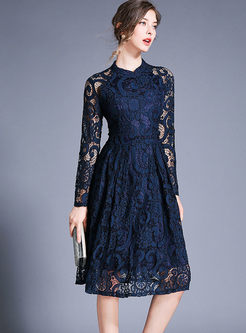 Standing Collar Solid Color Hollow Out Lace Dress