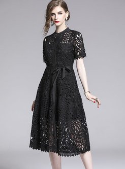 Lace Tied-collar Hollow Out Black Slim Skater Dress