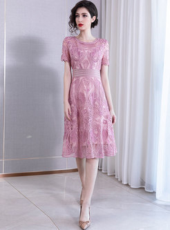 O-neck Embroidered Gathered Waist Party Dress