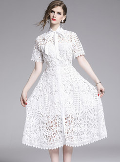 Lace Tied-collar Hollow Out White Slim Skater Dress