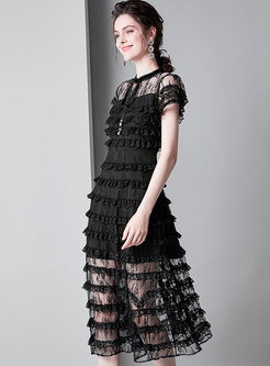 See-through Black Splicing Tied Stand Collar Skater Dress