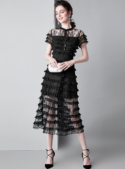 See-through Black Splicing Tied Stand Collar Skater Dress