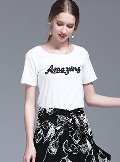 Casual O-neck Letter Embroidered T-shirt