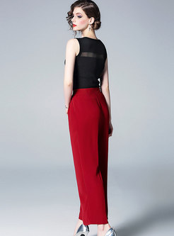 Solid Color Splicing Sleeveless Tanks & Wide Leg Pants