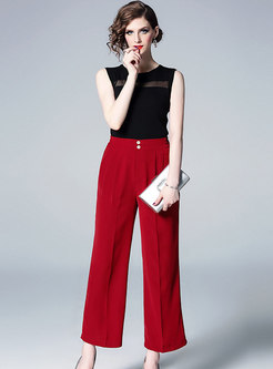Solid Color Splicing Sleeveless Tanks & Wide Leg Pants