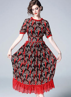 Fashion O-neck Short Sleeve Chili Print Dress