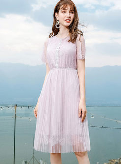 Solid Color O-neck Hollow Out Lace Pleated Dress