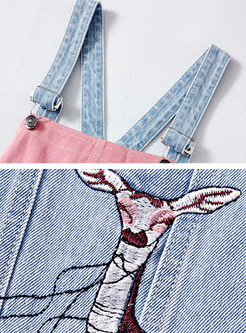 Chic Animal Embroidered All-matched Denim Overalls