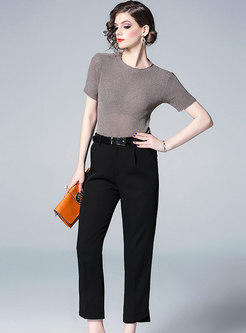 Brief Knitted Short Sleeve Top & Solid Color Slim Pants