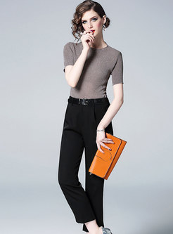 Brief Knitted Short Sleeve Top & Solid Color Slim Pants