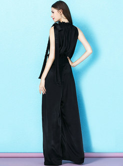 Fashion O-neck Sleeveless High Waist Black Jumpsuit