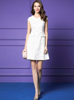 Solid Color Lace Sequin V-neck A Line Dress