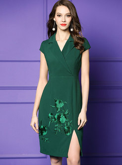 Solid Color Lapel Embroidered Split Bodycon Dress