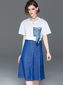 Casual O-neck T-shirt & High Waist Slit Skirt