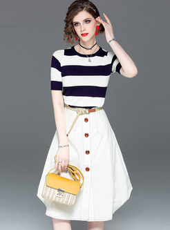 Striped O-neck Knitted Top & High Waist Single-breasted Skirt