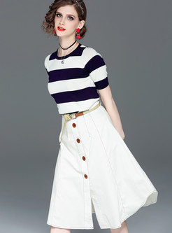 Striped O-neck Knitted Top & High Waist Single-breasted Skirt