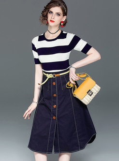 Striped O-neck Knitted Top & High Waist Slit Skirt
